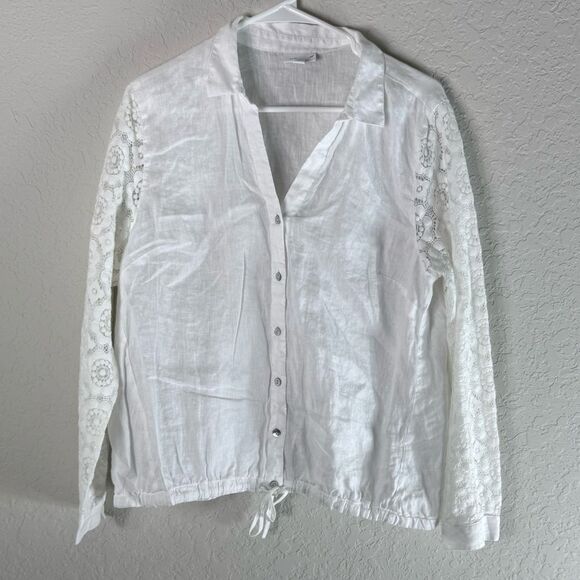 J. Jill White Linen Button Front Lace Sleeves Drawstring Waist Blouse Size M - Picture 2 of 11
